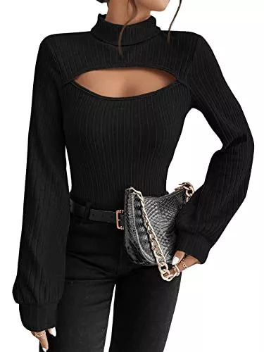 GORGLITTER Pullover & Strickmode GORGLITTER Langarmshirt Damen Elegant Strickpullover Cut Outs Pullover Mit Stehkragen Ausschnitt Oberteil Sexy Top Bluse Mit Laternenärmeln