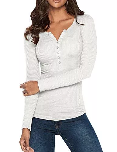 Pxmoda Langarmshirts Pxmoda Damen Henley Shirt Langarm Casual Ripped Scoop Neck Button Basic-Oberteile