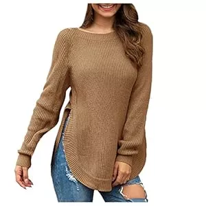 Generisch Pullover & Strickmode Generisch Women's Winter Pullover Damen Temperament Casual Hem High Slit Round Neck Long Sleeve Jumper Sweater Pullover, S-XL