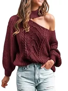 CUPSHE Pullover & Strickmode CUPSHE Damen Strickpullover Mock Neck One Shoulder Langarm Zopfmuster Grobstrick Schulterfreier Pulli Oberteile Tops Lässig Knit Sweater