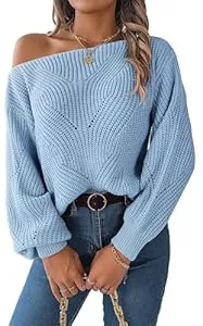 FEOYA Pullover & Strickmode FOEYA Damen Hollow Out Pullover One Line Hals Off Schulter Laternenärmeln Elegant Langarm Pullover Loser Strick Bluse Solide Casual Top