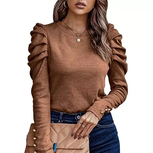 KONFEN Langarmshirts KONFEN Damen Langarm Rundhals Oberteile, Top Langarmshirt Bluse Kaschmir Gebürstet mit Puffärmel, Casual Shirts Top Elegant Herbst Winter Einfarbig Schlanke Passform, Braun/Schwarz M-XXL