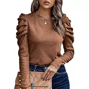 KONFEN Langarmshirts KONFEN Damen Langarm Rundhals Oberteile, Top Langarmshirt Bluse Kaschmir Gebürstet mit Puffärmel, Casual Shirts Top Elegant Herbst Winter Einfarbig Schlanke Passform, Braun/Schwarz M-XXL