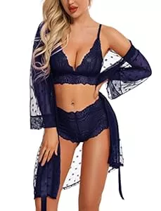 RSLOVE Unterwäsche & Dessous RSLOVE Sexy Dessous Set für Damen 3 teilig Spitzen Kimono mit BH und Höschen