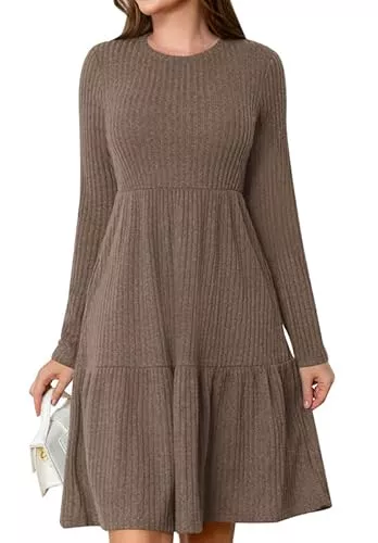 Ritiriko Freizeit Ritiriko Womens Langarm Herbstkleider Mit Taschen 2024 Geripptes Strick Lässig Crew Hals Knie Länge Pullover Kleid