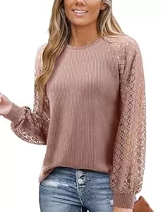 Amoretu Langarmblusen Amoretu Langarm Spitzen Waffel Bluse Damen Rundhals Tshirt Elegante Oberteile Top Business Outfit