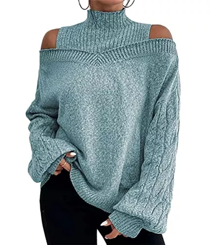 Tomwell Pullover & Strickmode Tomwell Pullover Damen Rollkragenpullover mit Laternenärmeln Elegant Strickpullover Casual Lose Grobstrickpullover Langarm Pulli Oberteile Sweatshirt Sweater für Herbst Winter