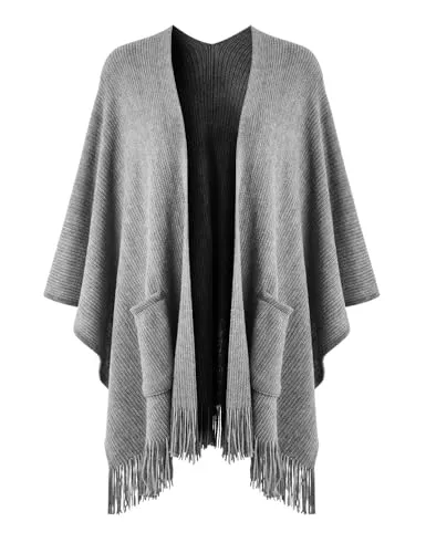 Ferand Schals & Tücher Ferand Damen Poncho mit Offener Vorderseite und Taschen, Weiche Strick Cape mit Fransen für Herbst Winter