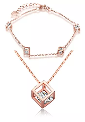 Yumilok Schmuck Yumilok Roségold 925 Sterling Silber Zirkonia Würfel Charm Armband Halskette Schmuck Set Armkette & Kette mit Anhänger Set für Damen Mädchen