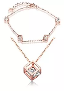 Yumilok Schmuck Yumilok Roségold 925 Sterling Silber Zirkonia Würfel Charm Armband Halskette Schmuck Set Armkette & Kette mit Anhänger Set für Damen Mädchen