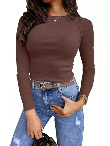 Feziakuk Pullover & Strickmode Feziakuk Damen Sexy Enges Oberteil Strick Langarm Rippshirt Mode Casual Pullover Slim Fit Top