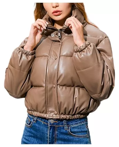 Shuanghao Jacken Shuanghao Damen-Winter Warme-Wasserdicht PU-Leder Verdickte-Schicke Kurz-Outerwear Damenjacke - Lässige Weich Lederjacke Stehkragen Reißverschluss Steppjacke Outdoor Oberteile Fashion