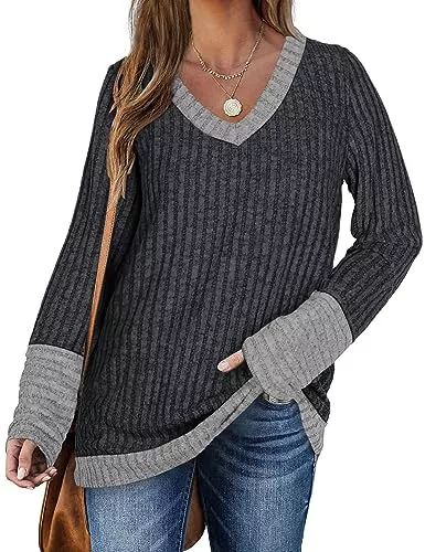 DUOEASE Pullover & Strickmode DUOEASE Pullover Damen Winter Casual Langarm Oversize Sweater V-Ausschnitt Lightweight Oberteile