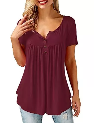 Amoretu Kurzarmblusen Amoretu T-Shirt Damen V-Ausschnitt Knopfleiste Bluse Solide Tunika Langam/Kurzarm Tops