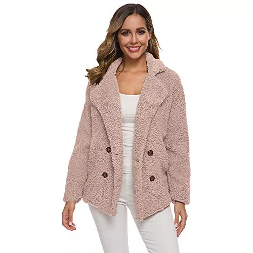 Uni-Wert Jacken Uni-Wert Damen Mantel Faux Wolle Winterjacke Revers Langarm Outwear Kurz Fleecejacke Warm Plüschjacke Teddy Mantel
