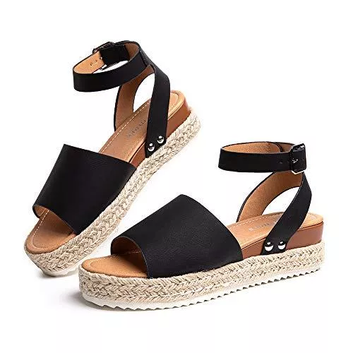 Hitmars Sandalen & Slides Plateau Sandalen Damen Espadrilles Casual Keilsandalen Frauen Sommer Faux Leder mit Knöchelriemen 5 CM Schwarz Braun Khaki Leopard Größe 35-43