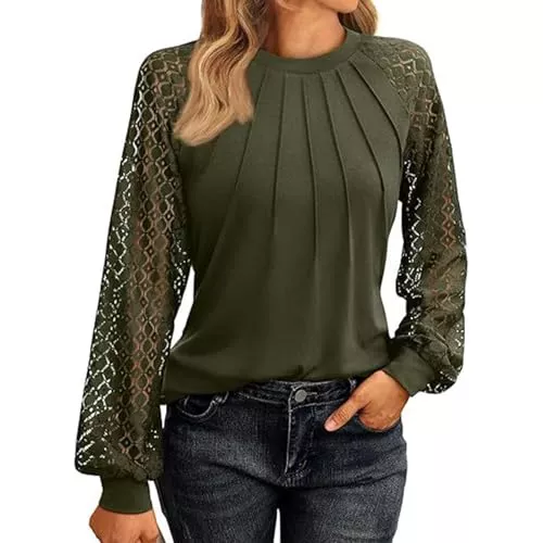 SYKT Langarmblusen SYKT Damen T-Shirt Lässiges Langarm Oberteil Plissee vorne mit Rundhalsausschnitt Waffel Damen Tops