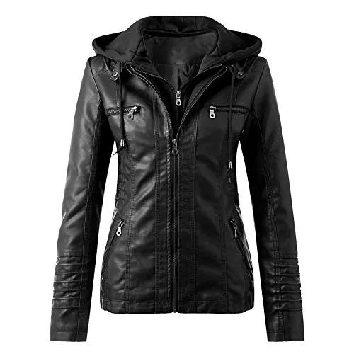 Generisch Jacken Lederjacke Damen Kunstleder Jacke Damen Lederjacke mit Kapuzen Große Größen Herbst Winter Langarm Motorrad Jacke Winterjacke Slim Fit Hoodie Mantel Streetwear mit Reißverschluss Tasche