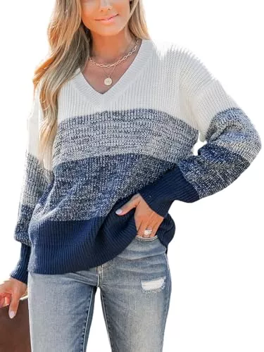 CUPSHE Pullover & Strickmode CUPSHE Damen Strickpullover V Ausschnitt Langarm Farbblock Melange Optik Feinstrick Pulli Oberteile Tops Lässig Knit Sweater