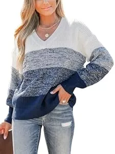 CUPSHE Pullover & Strickmode CUPSHE Damen Strickpullover V Ausschnitt Langarm Farbblock Melange Optik Feinstrick Pulli Oberteile Tops Lässig Knit Sweater