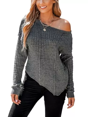 CUPSHE Pullover & Strickmode CUPSHE Damen Strickpullover One Shoulder Langarm Asymmetrisch Rippenstrick Schulterfreier Pulli Oberteile Tops Casual Knit Sweater
