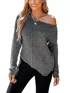 CUPSHE Pullover & Strickmode CUPSHE Damen Strickpullover One Shoulder Langarm Asymmetrisch Rippenstrick Schulterfreier Pulli Oberteile Tops Casual Knit Sweater