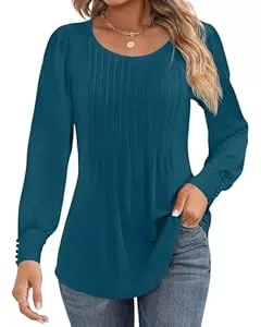 Cuptacc Langarmshirts Cuptacc Langarmshirt Damen Falten Rundhals Puffärmel Mit Knöpfen Locker Longshirt Damen Elegant Oberteile