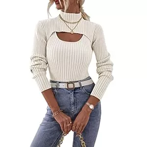 FeMereina Pullover & Strickmode Damen 2 Stück Cutout Tops Langarm Gestrickt Gerippt Stehkragen Pullover Sweater Pullover Tops Herbst Winter Strickwaren Shirts