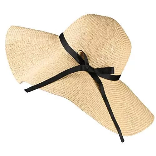 Tencoz Hüte & Mützen Tencoz Sommerhut Damen Stroh, Straw Sonnenhut Faltbarer Strohhut mit Nackenschnur, Bowknot und Breite Krempe, Strandhut Damen Elegant Strand Sonnenhut Sommer Strand Outdoor Hut