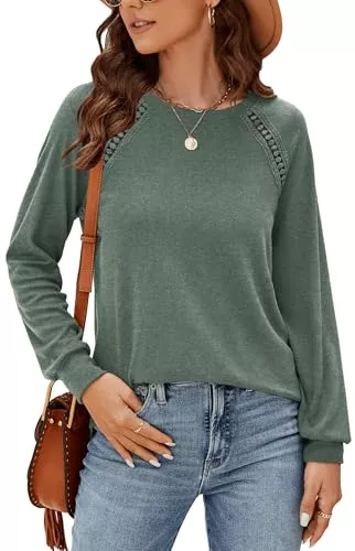 Odosalii Langarmblusen Odosalii Damen Rundkragen Langarmshirt Elegant Spitzen Oberteile Lässige Einfarbig Longshirt Pullover Tunika Top Bluse