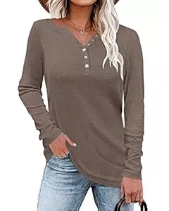 WNEEDU Langarmshirts WNEEDU Damen Langarmshirt Henley Shirt Langarm Lässig T-Shirt V-Ausschnitt Bluse Knöpfe Pullover