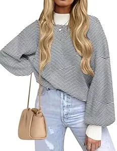 ZESICA Pullover & Strickmode ZESICA Damen 2024 Herbst Mode Rollkragen Langarm Gestreift Rippstrick Lose Pullover Sweater Tops