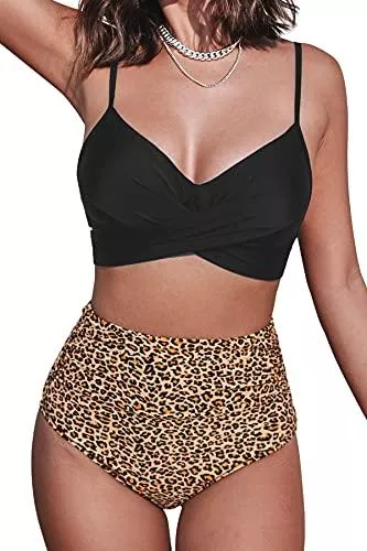 CUPSHE Bademode CUPSHE Damen Bikini Set Crossover High Waist Bademode Blumenmuster Zweiteiliger Badeanzug
