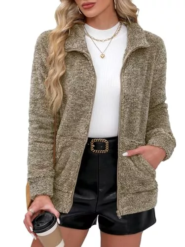 BesserBay Jacken BesserBay Damen Winter Stehkragen Teddyfleece Jacke Warm mit Full Zip Taschen Sweatjacke S-XXL