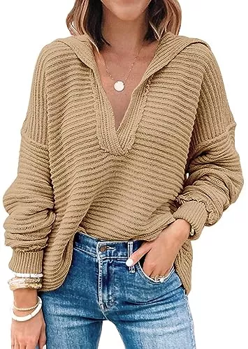 LILLUSORY Pullover & Strickmode LILLUSORY Damen-Pullover mit V-Ausschnitt, lange Fledermausärmel, Kragen, asymmetrischer Saum, Strickpullover