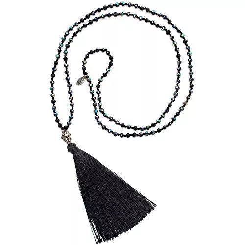 KELITCH Schmuck KELITCH Frauen Quaste Halskette Kristall Perlen Halskette Handmade Silber Buddha Kopf Anhänger Halskette