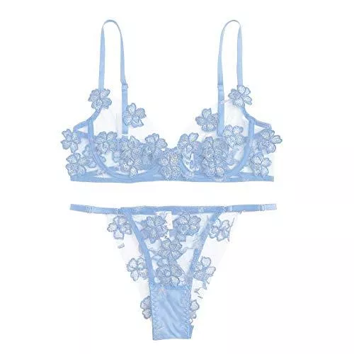DALIZHAI777 Unterwäsche & Dessous DALIZHAI777 Dessous Damen Sexy UnterwäSche Frauen Dessous Sets Blumen Stickerei Spitze Applique Transparent BH Thanghöschen Unterwäsche Sexy Dessous (Color : Blue, Size : Large)