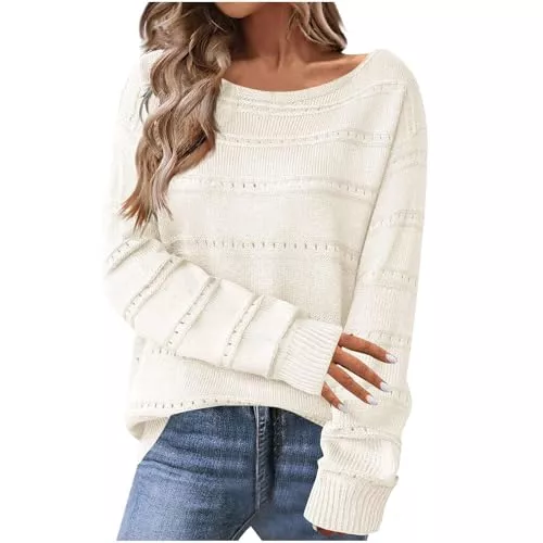 Narnhuci Pullover & Strickmode Narnhuci Strickpullover Damen Ausgehöhlte Bestickt Pullover Einfarbig Langamrshirt Rundhals Oberteile Elegant Langarm Strickoberteile Oversized Freizeit Strick Tops Outwear Sweater Pulli für Frauen