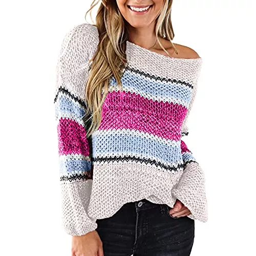 Generisch Pullover & Strickmode Generisch Damen Pullover Winter Rundhalsausschnitt Farbblockierung Lässig Gestrickt Lose Langarm Pullover, S-XL
