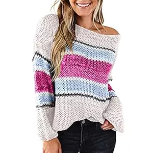 Generisch Pullover & Strickmode Generisch Damen Pullover Winter Rundhalsausschnitt Farbblockierung Lässig Gestrickt Lose Langarm Pullover, S-XL