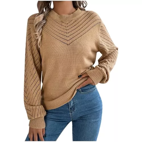 Cexiakong Pullover & Strickmode Cexiakong Pullover Damen Strickpullover Elegant Feder Hohlpullover Casual V Ausschnitt Langarm Jumper Lose Pulli Einfarbig Sweater Oberteile Tops Herbst Winter Elegant Rundhals Pullover Langarm Soft