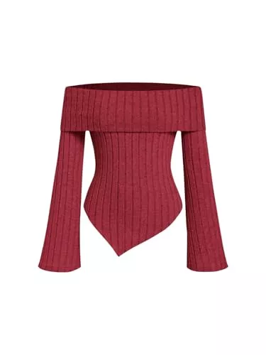 GORGLITTER Pullover & Strickmode GORGLITTER Damen Schulterfrei Oberteil Langarmshirts Rippenstrick Herbsrtshirt Langarm T-Shirt mit asymmetrischem Saum