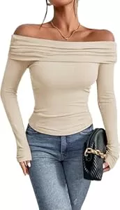 TrendiMax Pullover & Strickmode TrendiMax Damen Langarmshirt Elegant Stretch Pullover Slim Fit Off Shoulder Oberteil Langarm Tshirts Schulterfrei Sexy Enge Tops Y2K Crop Top Einfarbig