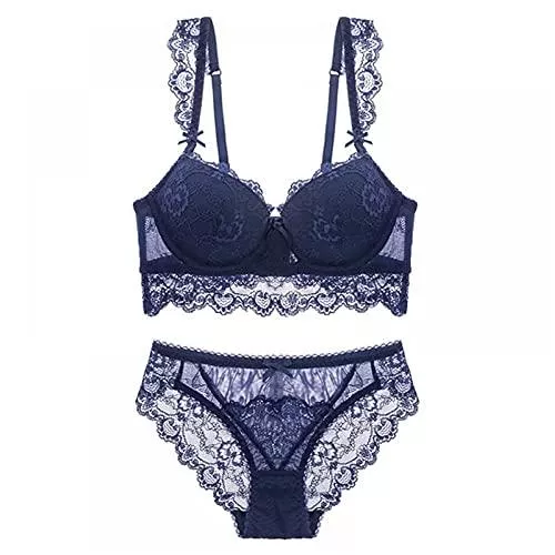 LJLLINGB Unterwäsche & Dessous LJLLINGB Super Gather BHS Frauen Unterwäsche Set Baumwolle Blau Sexy BH Set Push Up Dicker Büstenhalter Spitze Stickerei Dessous Set ABC Cup