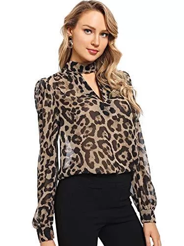 SheIn Langarmblusen SheIn Damen Choker Hals Langarm Sheer Leopard Print Chiffon Bluse Top