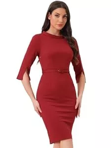 Allegra K Cocktail Allegra K Damen Büro Stehkragen Etuikleid Bleistiftkleider 3/4-Ärmeln Kleid mit Gürtel