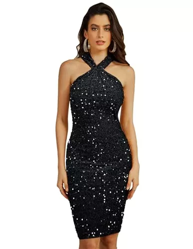 GRACE KARIN Cocktail GRACE KARIN Damen Pailletten Kleid Knielang Neckholder Cocktailkleid Bodycon Partykleid Samtkleid