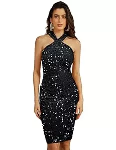 GRACE KARIN Cocktail GRACE KARIN Damen Pailletten Kleid Knielang Neckholder Cocktailkleid Bodycon Partykleid Samtkleid