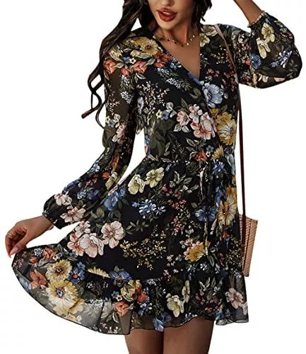 ZIYYOOHY Freizeit ZIYYOOHY Damen Minikleid Boho Blumen-Muster Langarm V-Ausschnitt Chiffonkleid Casual Blusenkleid Sommerkleid Strandkleider