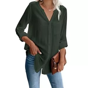 YNIQUE Langarmblusen YNIQUE Damen Bluse Elegant V-Ausschnitt Hemd Langarm Casual Arbeit Einfarbig Button Down Lose Langarmshirt Oberteile Aufrollen Tops